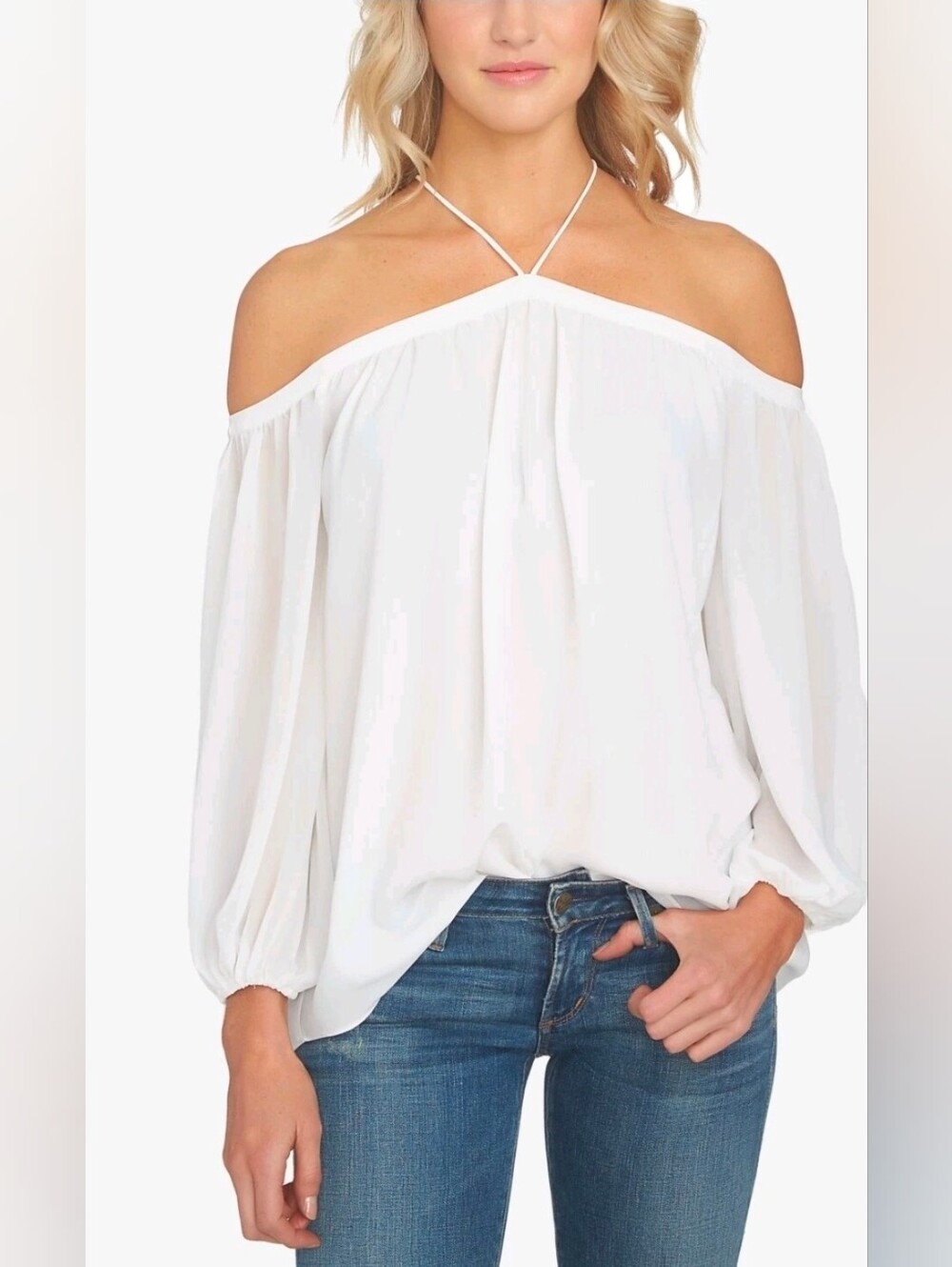 **1.STATE Cold Shoulder Blouse - Size M - White Chiffon Long Sleeve Top**